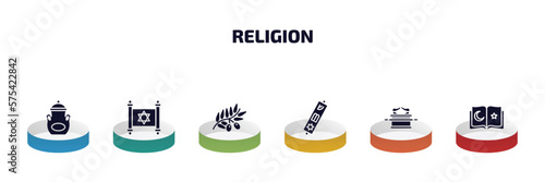 religion infographic element with filled icons and 6 step or option. religion icons such as manna jar, judaism, olive branch, mezuzah, ark of the convenant, koran vector.