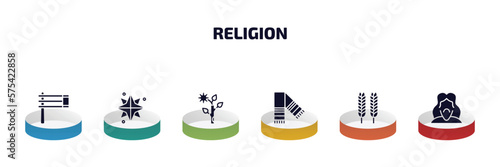 religion infographic element with filled icons and 6 step or option. religion icons such as gragger, holy star, budding staff, tallit, israel barley, jesus vector.