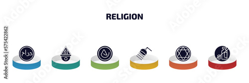 religion infographic element with filled icons and 6 step or option. religion icons such as haram, incense burner, asceticism, shower head and water, blasphemy, forbidden foods vector.