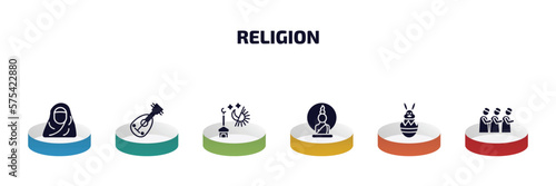 religion infographic element with filled icons and 6 step or option. religion icons such as hijab, oud, maghrib prayer, buddha, easter bunny, islamic friday prayer vector.
