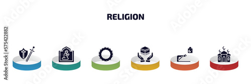 religion infographic element with filled icons and 6 step or option. religion icons such as crusade, islamic pray, crown of thorns, vigil, ruku posture, islamic mosque vector.