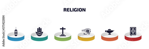 religion infographic element with filled icons and 6 step or option. religion icons such as arabic lamp, hamsa, christianity, eye of ra, arabian magic lamp, mushaf vector.