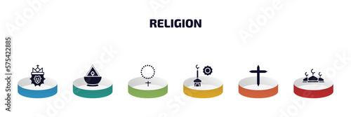 religion infographic element with filled icons and 6 step or option. religion icons such as lion of judah, ner tamid, raya rosary, zuhr prayer, cross, abrahamic vector.