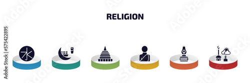 religion infographic element with filled icons and 6 step or option. religion icons such as confucianism, fasting, doi suthep, buddhist monk, old oil lamp, fajr dawn prayer vector.