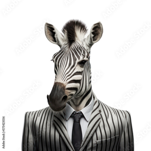 Portrait of a zebra dressed in a formal business suit on white background  transparent png  generative ai