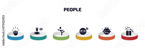 people infographic element with filled icons and 6 step or option. people icons such as knocking, monologue, gymnast girl, ninja portrait, crying baby, open present box vector.