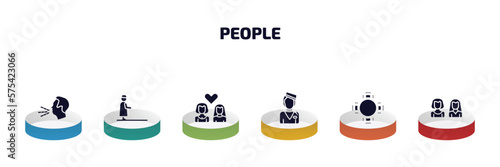 people infographic element with filled icons and 6 step or option. people icons such as cough, qiyam, lesbian couple, aviation, round table, friends vector.