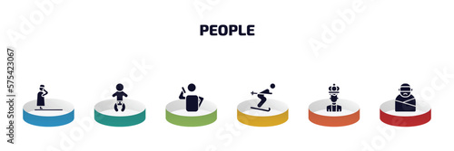 people infographic element with filled icons and 6 step or option. people icons such as takbir, baby with diaper, man talking with phone, man skiing, empress, kidnapping vector.