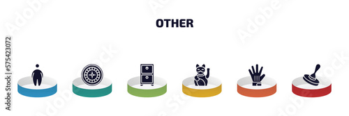 other infographic element with filled icons and 6 step or option. other icons such as overweight, roulette table, small shelf, lucky cat toy, grooming glove, wooden stamper vector.