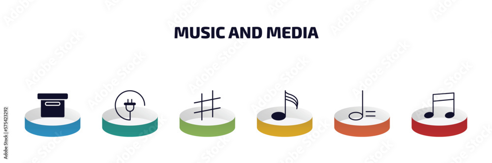 music and media infographic element with filled icons and 6 step or option. music and media icons such as image archive, charging plug, sharp, demisemiquaver, minim, eighth note vector. music and media infographic element with filled icons and 6 step or option. music and media icons such as image archive, charging plug, sharp, demisemiquaver, minim, eighth note vector.