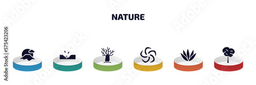 nature infographic element with filled icons and 6 step or option. nature icons such as sun fuji mountain, sow, leafless tree, whirlpool, agave, bigtooth aspen tree vector.