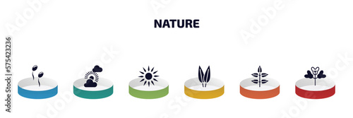 nature infographic element with filled icons and 6 step or option. nature icons such as fertilize clinic, sunny protic, sol, lemon leaf, rowan leaf, obcordate vector.
