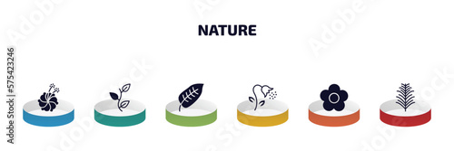 nature infographic element with filled icons and 6 step or option. nature icons such as hibiscus, perfoliate, ovate, pollen, season, yew leaf vector.
