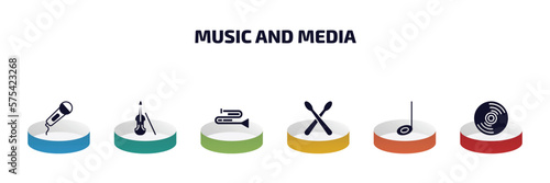 music and media infographic element with filled icons and 6 step or option. music and media icons such as hand mic, violoncello, trombone, drumsticks, half note, cd vector.