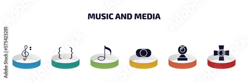 music and media infographic element with filled icons and 6 step or option. music and media icons such as octave clef, brace, quaver, rec, webcam video call, music spotlight vector.