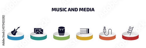 music and media infographic element with filled icons and 6 step or option. music and media icons such as bass guitar, album, bongo, bold double bar line, jack connector, thirty second note rest
