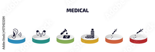 medical infographic element with filled icons and 6 step or option. medical icons such as ear, adrenal gland, blood analysis, plastered foot, eye dropper, dosage medical tool vector.