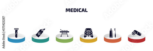 medical infographic element with filled icons and 6 step or option. medical icons such as blood sample, tag with a cross, table of treatments, sternum, brush with tooth paste, antibiotic vector.
