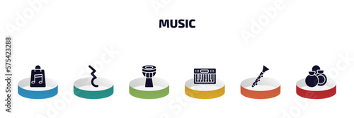 music infographic element with filled icons and 6 step or option. music icons such as music store, quarter note rest, timpani, keyboard, oboe, castanets vector.
