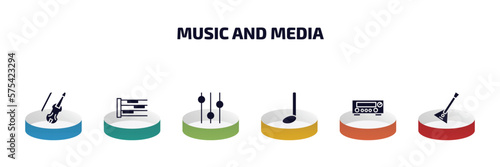 music and media infographic element with filled icons and 6 step or option. music and media icons such as cello, whole rest, music player tings, quarter note, amplifier, balalaika vector.