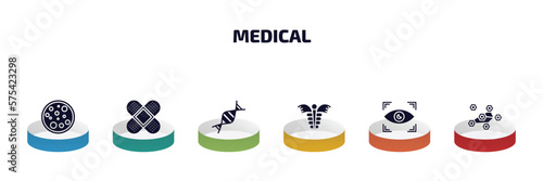 medical infographic element with filled icons and 6 step or option. medical icons such as cells in a circle, bandage cross, medical chain of dna, caduceus, eye scanner three hexagons cell vector.
