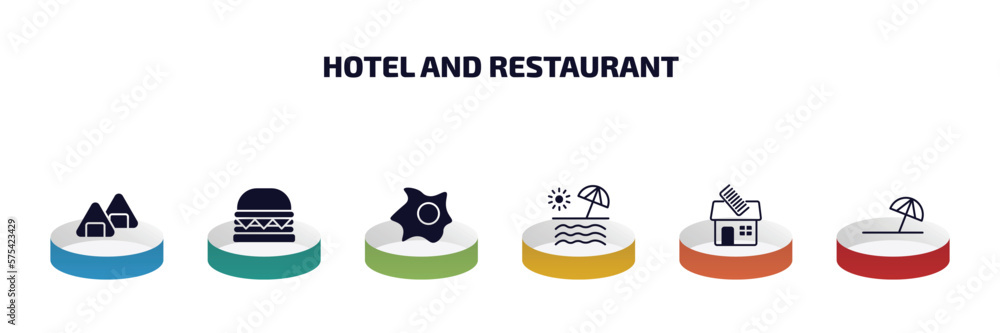 hotel and restaurant infographic element with filled icons and 6 step or option. hotel and restaurant icons such as onigiri, cheese burger, fried egg, beach, barbershop, beach umbrella vector.