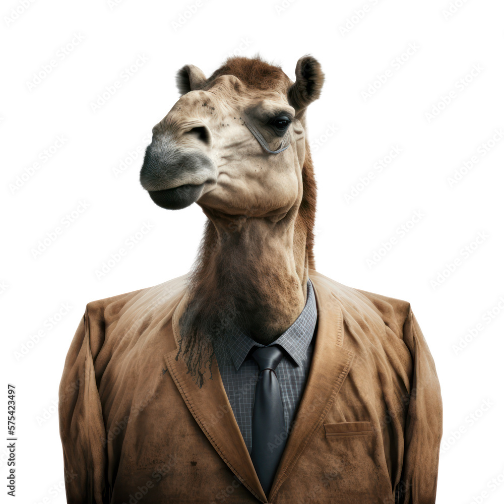 Portrait of a camel dressed in a formal business suit on white ...