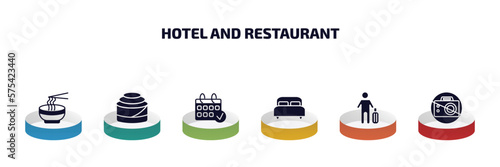 hotel and restaurant infographic element with filled icons and 6 step or option. hotel and restaurant icons such as ramen, cinnamon roll, reservation, double bed, guest, no pictures vector.