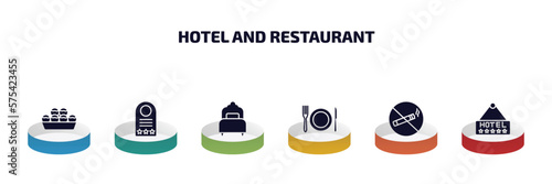 hotel and restaurant infographic element with filled icons and 6 step or option. hotel and restaurant icons such as takoyaki, door hanger, single bed, meal, no smoking, hotel vector.