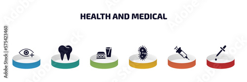 health and medical infographic element with filled icons and 6 step or option. health and medical icons such as ophthalmology, teeth, fast food, microbe, syringe, pipette vector.