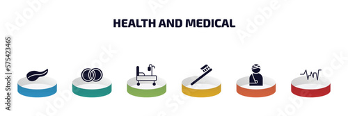 health and medical infographic element with filled icons and 6 step or option. health and medical icons such as pancreas, rings, hospital bed, tooth brush, injury, beat vector.