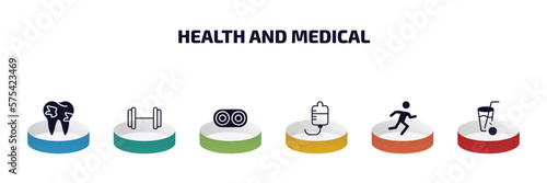 health and medical infographic element with filled icons and 6 step or option. health and medical icons such as caries, gym, optometrist, medical drip, running, orange juice vector.