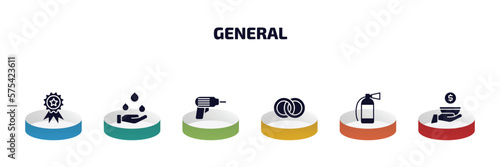 general infographic element with filled icons and 6 step or option. general icons such as win, save water badge, perforator, interlocking rings, fire estinguisher, poor vector.
