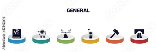general infographic element with filled icons and 6 step or option. general icons such as profile list, procurement, balancer, laser measurement, sledgehammer, road tunnel vector.