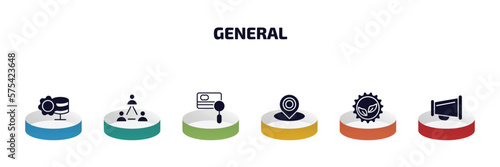 general infographic element with filled icons and 6 step or option. general icons such as data engineering, business networking, credit score, coordinate, bioengineering, agitation vector.