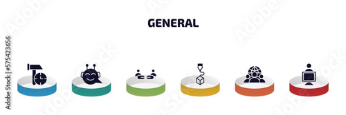 general infographic element with filled icons and 6 step or option. general icons such as build time, chat bot, affiliate link, 3d printing, team, coworking vector.