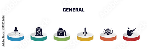 general infographic element with filled icons and 6 step or option. general icons such as hr planning, business incubator, beauty care, creative pencil rocket, autopilot, gmo vector.