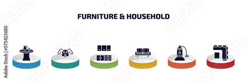 furniture & household infographic element with filled icons and 6 step or option. furniture & household icons such as kitchen table, dog, cabinets, couch, sump pump, corner sofa vector.