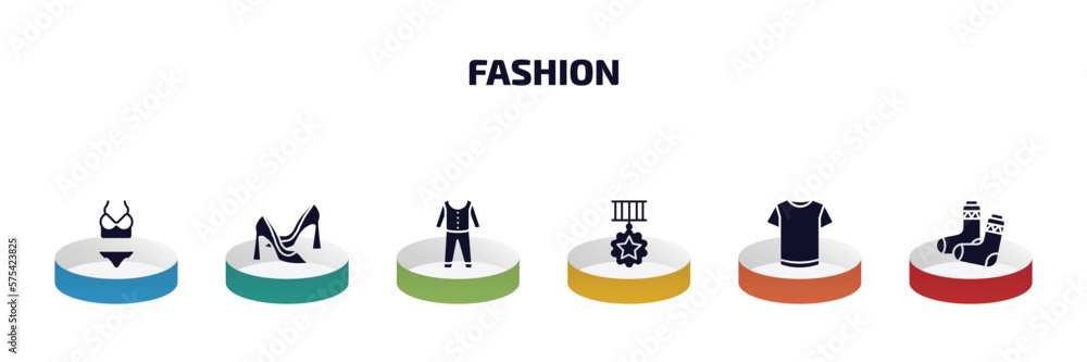fashion infographic element with filled icons and 6 step or option. fashion icons such as lingerine, high heel shoes, pajamas, star medal, white t shirt, pair of socks vector. fashion infographic element with filled icons and 6 step or option. fashion icons such as lingerine, high heel shoes, pajamas, star medal, white t shirt, pair of socks vector.