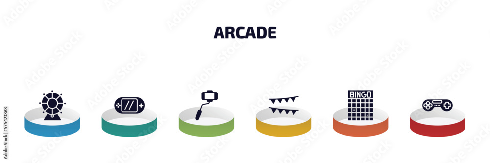 arcade infographic element with filled icons and 6 step or option. arcade icons such as spinning wheel, video console, selfie stick, festival, bingo, game vector. arcade infographic element with filled icons and 6 step or option. arcade icons such as spinning wheel, video console, selfie stick, festival, bingo, game vector.