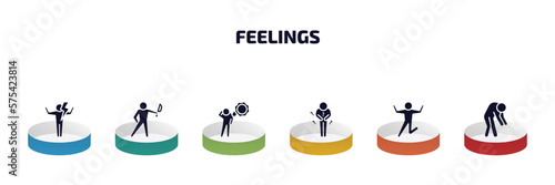 feelings infographic element with filled icons and 6 step or option. feelings icons such as energized human, awful human, hot human, hungry excited drained vector.