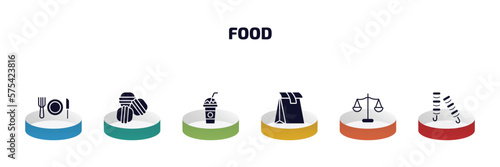 food infographic element with filled icons and 6 step or option. food icons such as plate and utensils, arons, milk shake, pack, scale balanced tool, kebab vector.