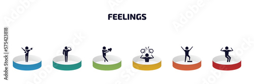 feelings infographic element with filled icons and 6 step or option. feelings icons such as fresh human, hopeless human, lovely human, pissed proud amused vector.