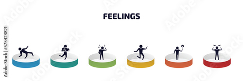 feelings infographic element with filled icons and 6 step or option. feelings icons such as ecstatic human, loved human, confused human, crazy inspired aggravated vector.