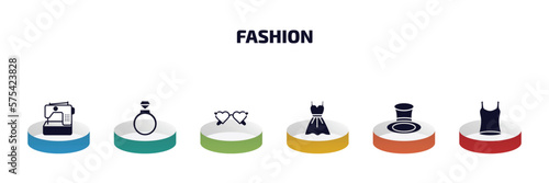 fashion infographic element with filled icons and 6 step or option. fashion icons such as electrical appliances, fiance, heart eyeglasses, women drees, cylinder hat, women sleeveless shirt vector.
