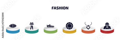 fashion infographic element with filled icons and 6 step or option. fashion icons such as cat eyes, women tracksuit, gym shoes, precious stone, heart pendant, hazmat vector.