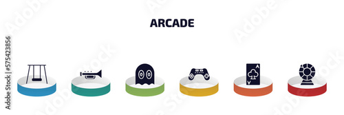 arcade infographic element with filled icons and 6 step or option. arcade icons such as swing, soprano, ghost, controller, ace of clubs, lottery game vector.