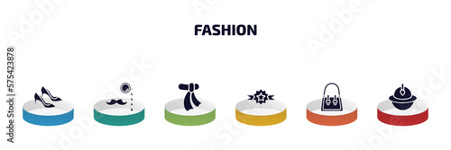fashion infographic element with filled icons and 6 step or option. fashion icons such as heel, monocle, wool scarf, medal with a star, handbag elegant de, firefighter hat vector.