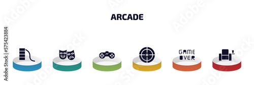 arcade infographic element with filled icons and 6 step or option. arcade icons such as toboggan, theater, super, shooter, game over, cinema seat vector.