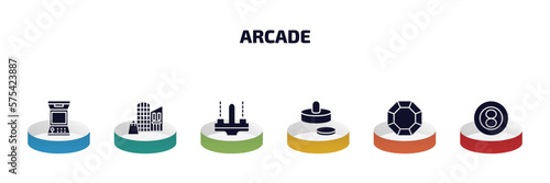 arcade infographic element with filled icons and 6 step or option. arcade icons such as arcade game, mall, , air hockey, crystal, eight ball vector.